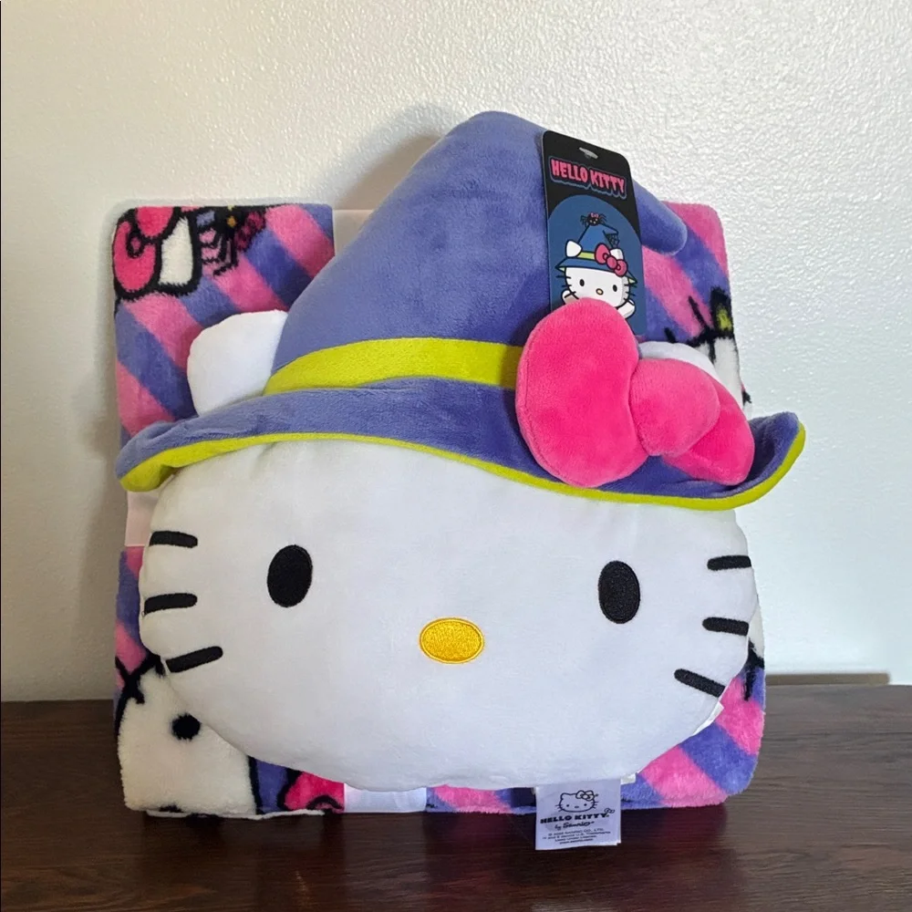 NWT- Halloween Hello Kitty Witch Hat Pillow Plush & Throw Blanket 45x55 Set